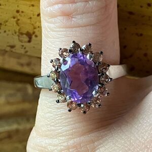 Natural Moroccan Amethyst Champagne Zircon Sterling Silver Ring Size 5